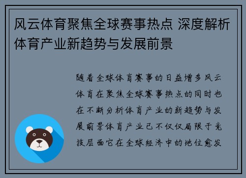 风云体育聚焦全球赛事热点 深度解析体育产业新趋势与发展前景